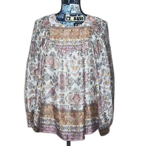 ANTHROPOLOGIE Floral Silk‎ Top Ornamental Egyptian Cat Bird Balloon Sleeves Sz M